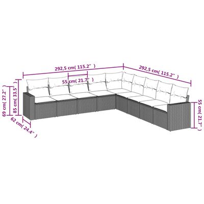 vidaXL Set de muebles de jardín 9 pzas y cojines ratán sintético gris