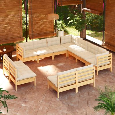 vidaXL Muebles de jardín 11 pzas y cojines madera maciza de pino crema