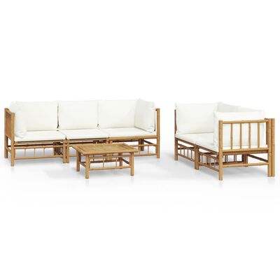 vidaXL Set de muebles de jardín 6 piezas bambú y cojines blanco crema