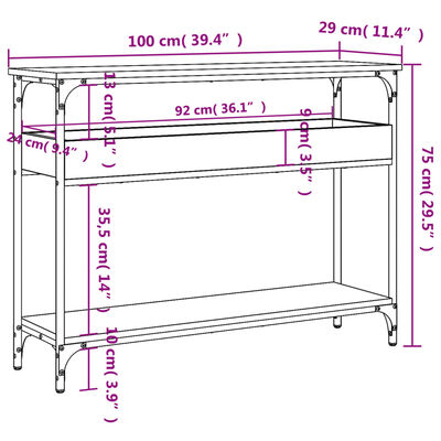 vidaXL Mesa consola estante madera ingeniería roble humo 100x29x75 cm