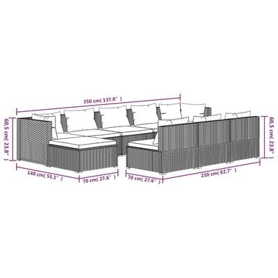 vidaXL Set de muebles de jardín 10 pzas y cojines ratán sintético gris