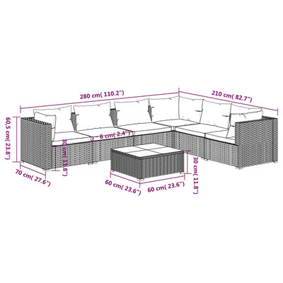 vidaXL Set de muebles de jardín 7 pzas y cojines ratán sintético gris