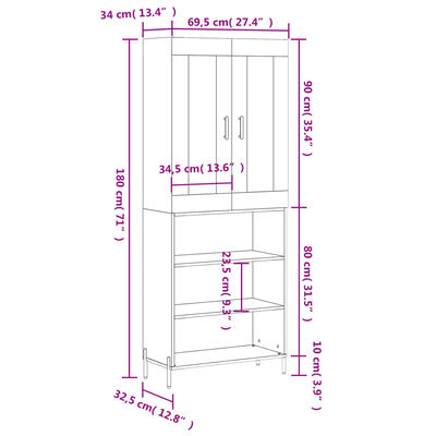 vidaXL Aparador alto madera contrachapada blanco brillo 69,5x34x180 cm