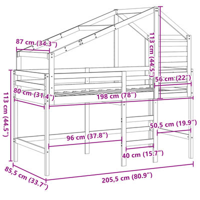 vidaXL Cama alta con escalera y techo madera maciza de pino 80x200 cm