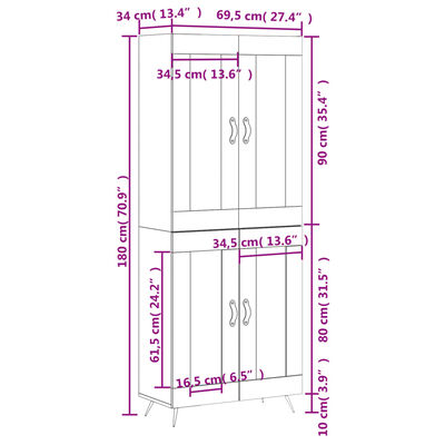 vidaXL Aparador alto madera contrachapada negro 69,5x34x180 cm