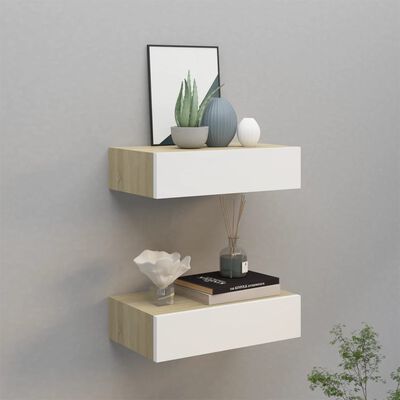 vidaXL Estantes de pared con cajón 2 uds MDF roble/blanco 40x23,5x10cm