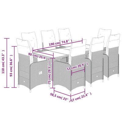 vidaXL Set de mesa y sillas de jardín 9 pzas y cojines ratán PE negro