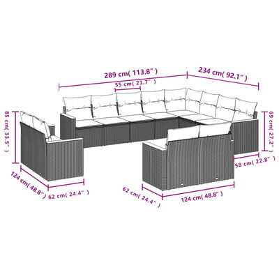 vidaXL Set de sofás de jardín 12 pzas con cojines ratán sintético gris