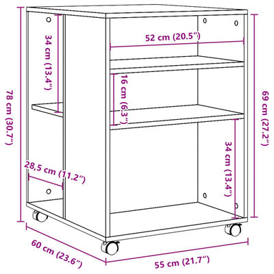 vidaXL Mesa auxiliar ruedas madera ingeniería gris hormigón 55x60x78cm