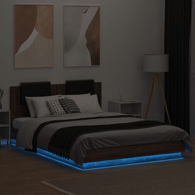 vidaXL Estructura de cama cabecero luces LED roble marrón 140x200 cm