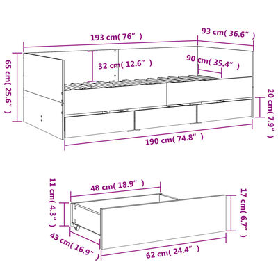 vidaXL Sofá cama con cajones sin colchón roble marrón 90x190 cm