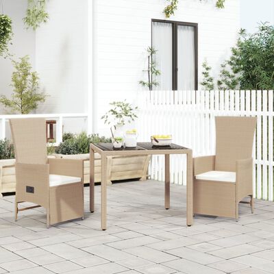 vidaXL Set comedor de jardín 3 pzas con cojines ratán sintético beige