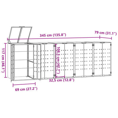 vidaXL Cobertizo para 5 cubos de basura acero antracita 345x79x117 cm