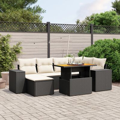 vidaXL Set de comedor de jardín 7 pzas y cojines ratán sintético negro