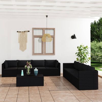 vidaXL Set muebles de jardín 9 piezas y cojines ratán sintético negro