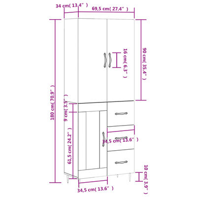 vidaXL Aparador alto madera contrachapada blanco 69,5x34x180 cm