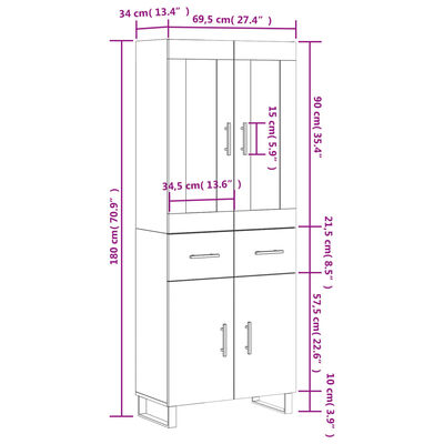 vidaXL Aparador alto madera contrachapada marrón roble 69,5x34x180 cm