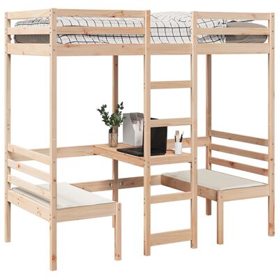 vidaXL Cama alta con escritorio y asientos madera maciza 75x190 cm