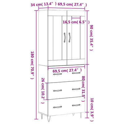 vidaXL Aparador alto madera contrachapada blanco 69,5x34x180 cm