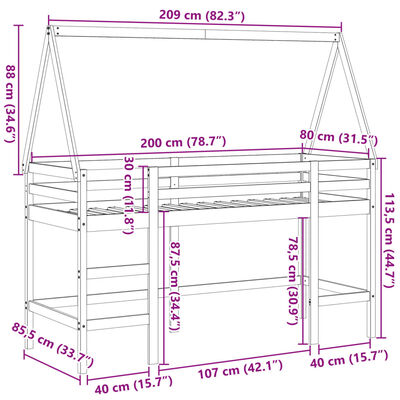 vidaXL Cama alta con escalera y techo madera maciza de pino 80x200 cm