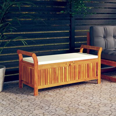 vidaXL Banco almacenaje jardín con cojín madera maciza de acacia 126cm