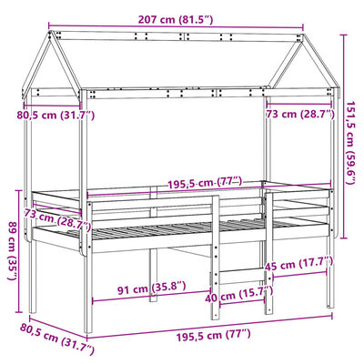 vidaXL Cama alta con techo madera maciza de pino marrón cera 75x190 cm