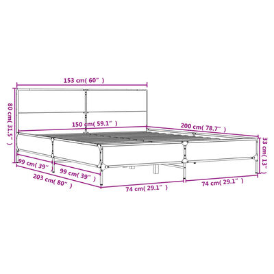 vidaXL Estructura cama madera ingeniería metal roble ahumado 150x200cm