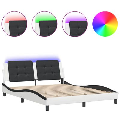 vidaXL Estructura de cama con luz LED cuero PE blanco negro 160x200 cm