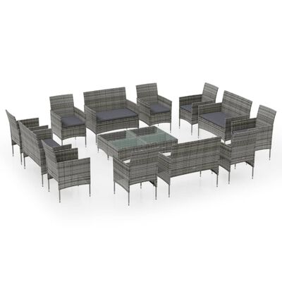 vidaXL Set de muebles de jardín 16 pzas y cojines ratán sintético gris