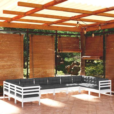 vidaXL Muebles de jardín 10 pzas con cojines blanco madera de pino