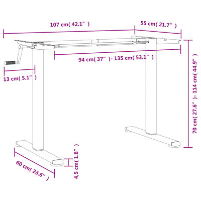 vidaXL Marco de escritorio de pie acero negro (94-135)x60x(70-114) cm