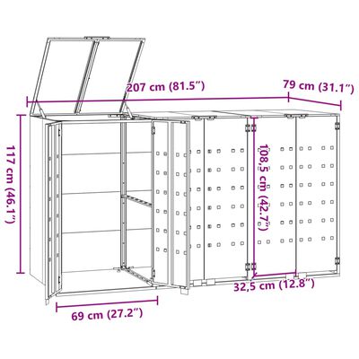 vidaXL Cobertizo de 3 contenedores de basura acero gris 207x79x117 cm