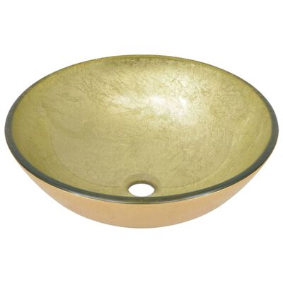 vidaXL Lavabo grifo tapón pulsador cristal templado dorado