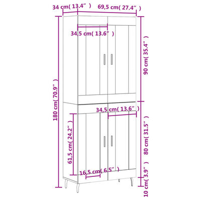 vidaXL Aparador alto madera contrachapada gris hormigón 69,5x34x180 cm