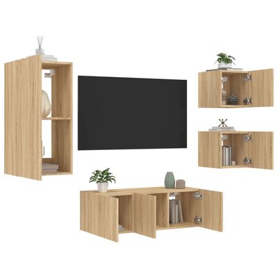 vidaXL Muebles TV pared con LED 5 pzas madera ingeniería roble Sonoma