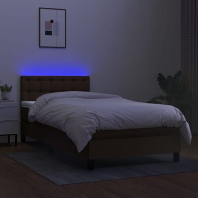 vidaXL Cama box spring colchón y luces LED tela marrón oscuro 90x200cm