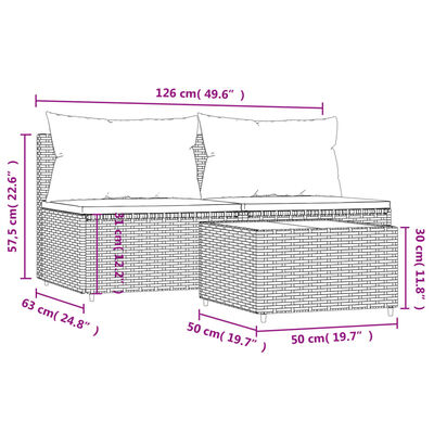 vidaXL Set de muebles de jardín 3 pzas y cojines ratán sintético gris