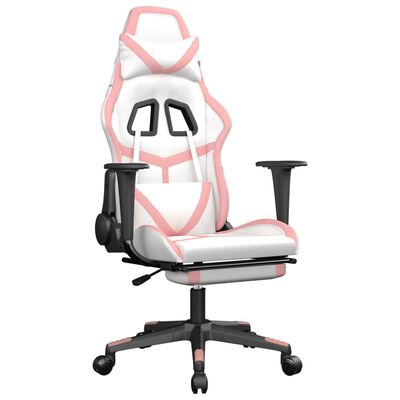 vidaXL Silla gaming masaje y reposapiés cuero sintético blanco y rosa