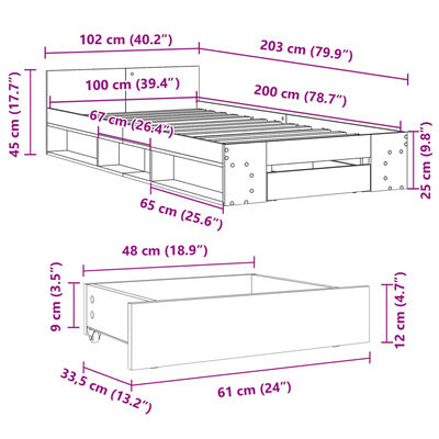 vidaXL Cama con cajón madera ingeniería roble Sonoma 100x200 cm