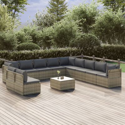 vidaXL Set de muebles de jardín 12 pzas cojines ratán sintético gris