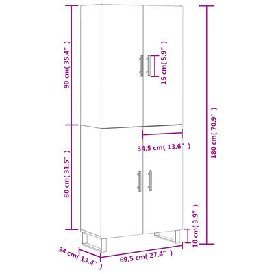 vidaXL Aparador alto madera contrachapada gris hormigón 69,5x34x180 cm