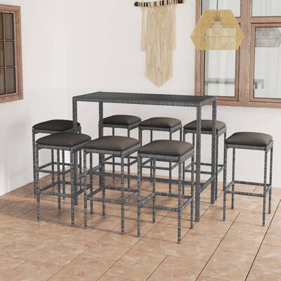 vidaXL Set muebles bar jardín 9 piezas y cojines ratán sintético gris