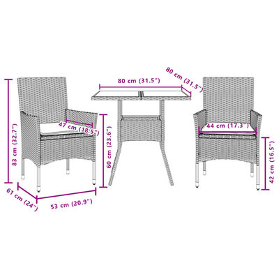 vidaXL Set de comedor jardín 3 pzas con cojines ratán PE acacia gris