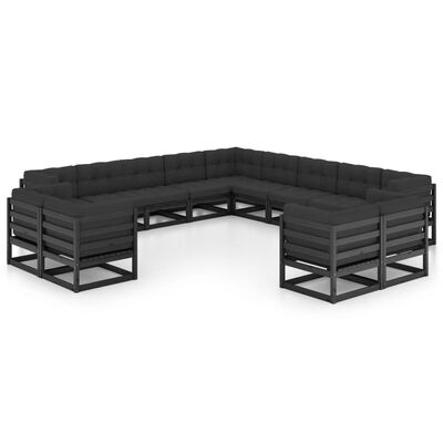 vidaXL Set de muebles de jardín 13 pzas con cojines madera pino negro