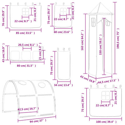 vidaXL Cama alta para niños con torre madera pino azul 90x190 cm