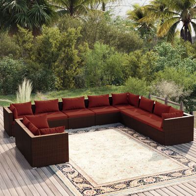 vidaXL Set muebles de jardín 10 pzas y cojines ratán sintético marrón