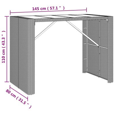 vidaXL Mesa alta bar con superficie vidrio ratán PE gris 145x80x110 cm