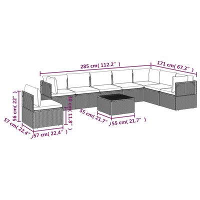 vidaXL Set de muebles de jardín 9 pzas y cojines ratán sintético gris