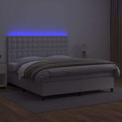 vidaXL Cama box spring colchón y LED cuero sintético blanco 180x200 cm