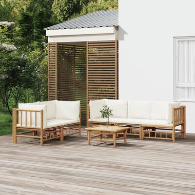 vidaXL Set de muebles de jardín 6 piezas bambú y cojines blanco crema